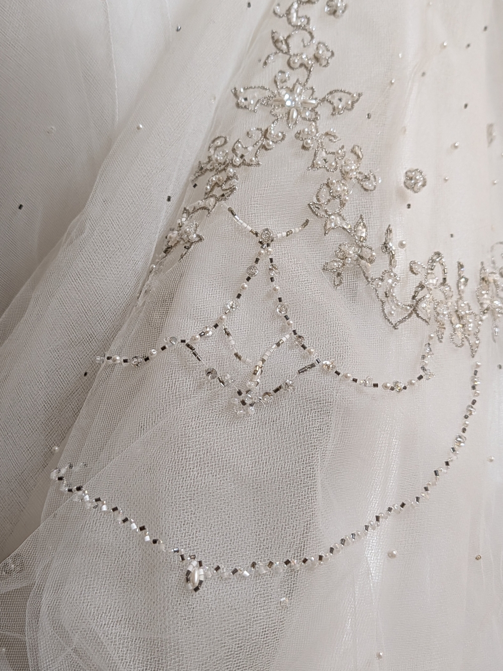Mori Lee White Wedding Veil with Silver Beaded Embroidery
